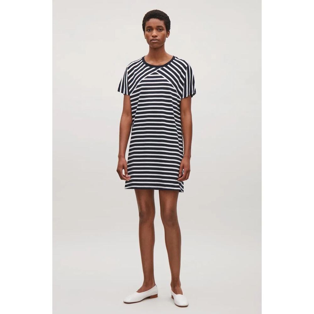 [COS] Navy Blue White Striped A-Line Shift Pima Cotton T-Shirt Dress Sz Large L
